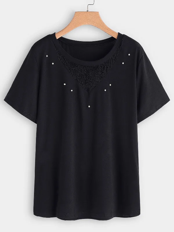 OEM ODM Round Neck Plain Handmade Beaded Lace Short Sleeve Black Plus Size Tops