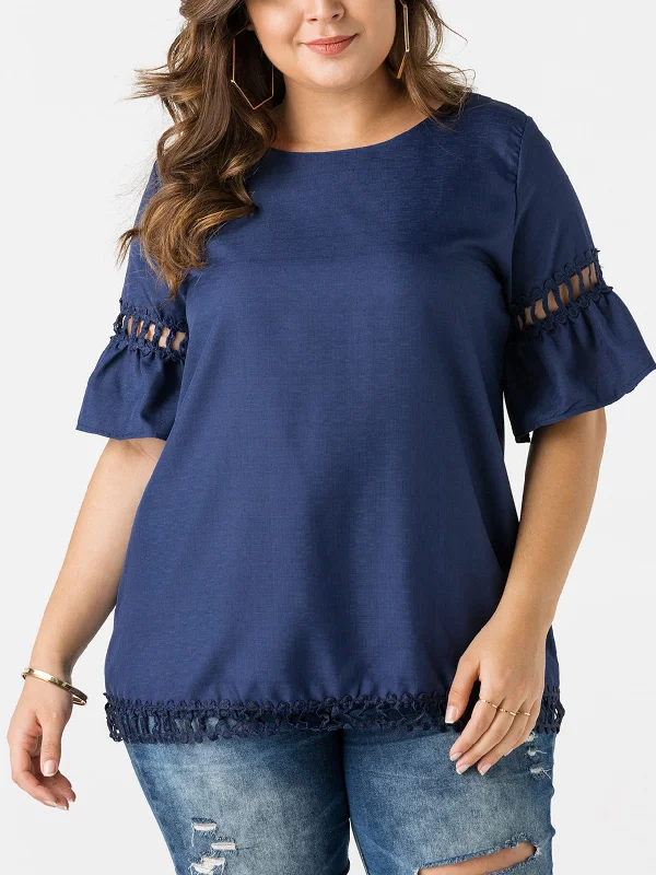 OEM ODM Round Neck Plain Crochet Lace Embellished Zip Back Half Sleeve Blue Plus Size Tops