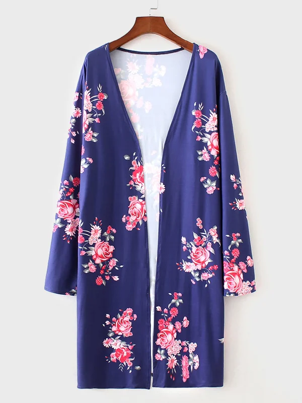 OEM ODM Floral Print Long Sleeve Blue Plus Size Tops