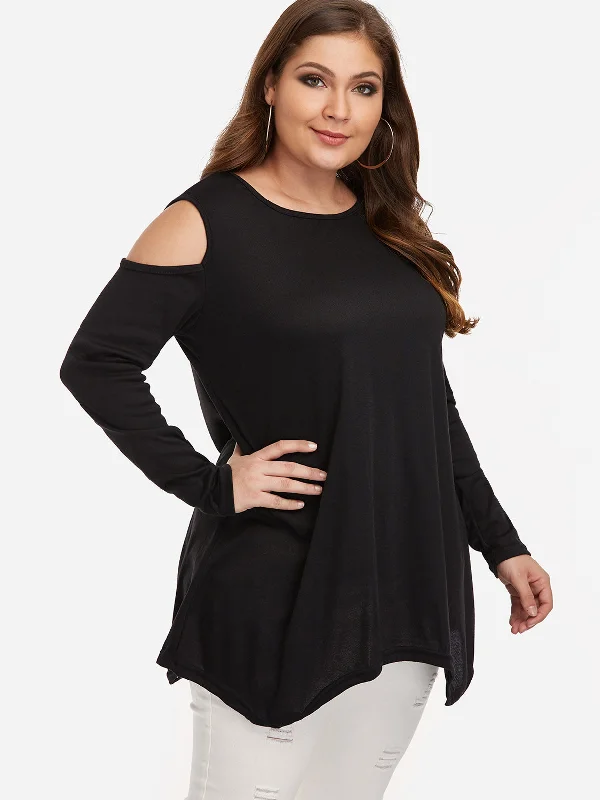 OEM ODM Round Neck Plain Cut Out Long Sleeve Handkerchief Hem Black Plus Size Tops