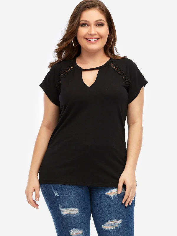 OEM ODM Crew Neck Plain Cut Out Short Sleeve Black Plus Size Tops