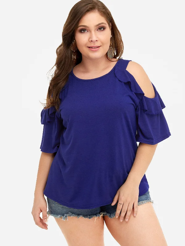 OEM ODM Round Neck Cold Shoulder Plain Ruffle Trim Half Sleeve Plus Size Tops