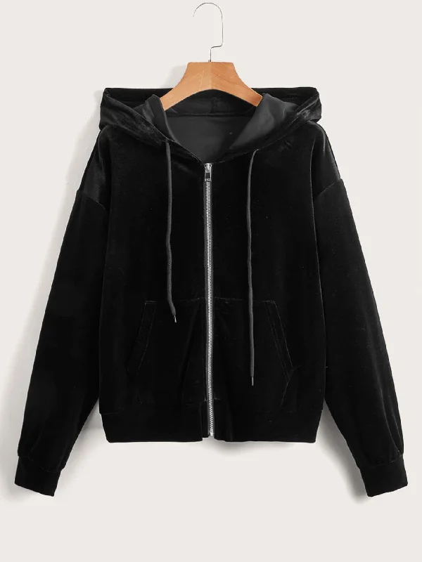 Casual Plain Zipper Long Sleeve Hooded Regular Women Jacket