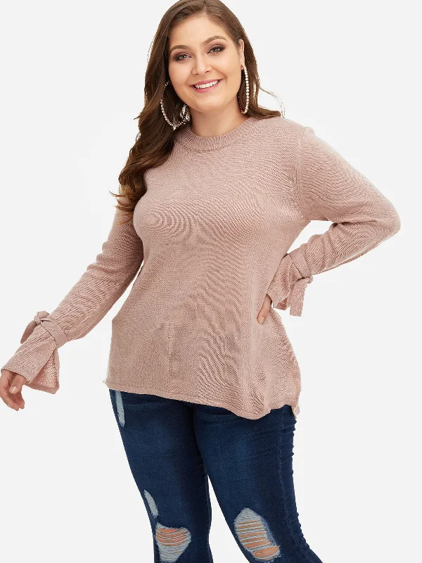 OEM ODM Round Neck Plain Self-Tie Long Sleeve Plus Size Tops