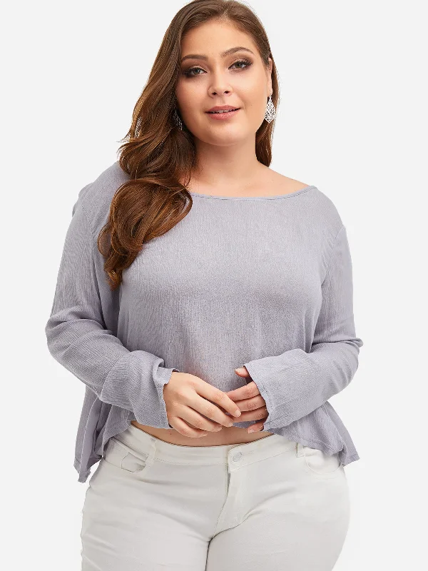 OEM ODM Round Neck Plain Self-Tie Criss-Cross Long Sleeve Grey Plus Size Tops