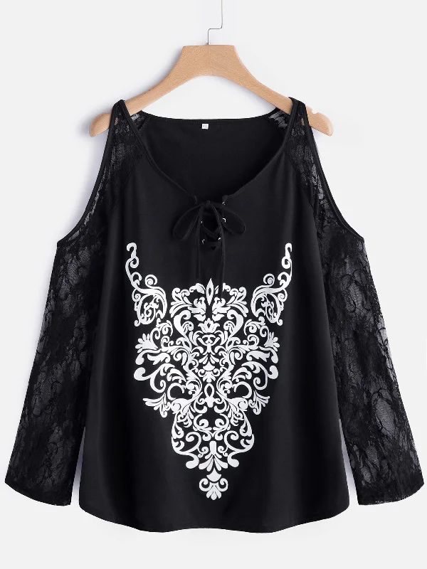 OEM ODM V-Neck Vintage Lace-Up Long Sleeve Black Plus Size Tops