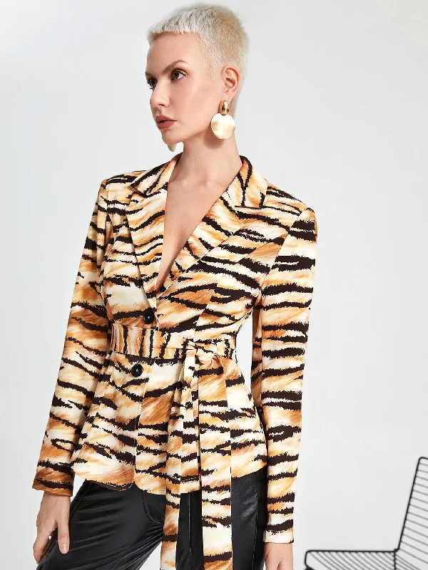 Elegant All Over Print Button Front Long Sleeve Lapel Regular Women Coat