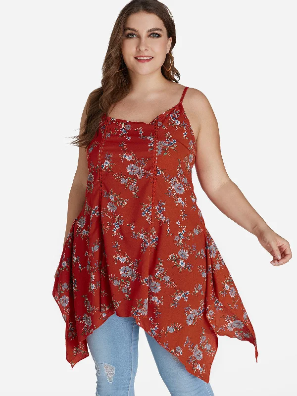 OEM ODM Round Neck Floral Print Calico Hollow Sleeveless Red Plus Size Tops