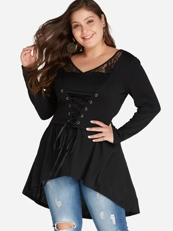 OEM ODM V-Neck Plain Lace-Up Lace Insert Long Sleeve High-Low Hem Black Plus Size Tops