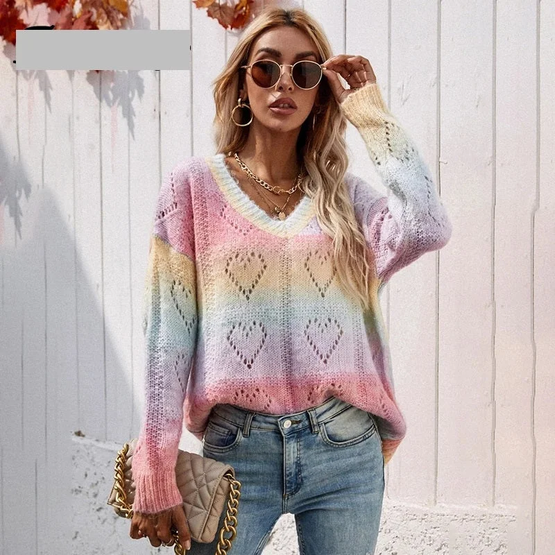 Hollow Out V Neck Pullover Tie Dye Rainbow Jumper Knitwear Vintage Boho 2021 Sweater Women Clothing Colorful Tops Coldker