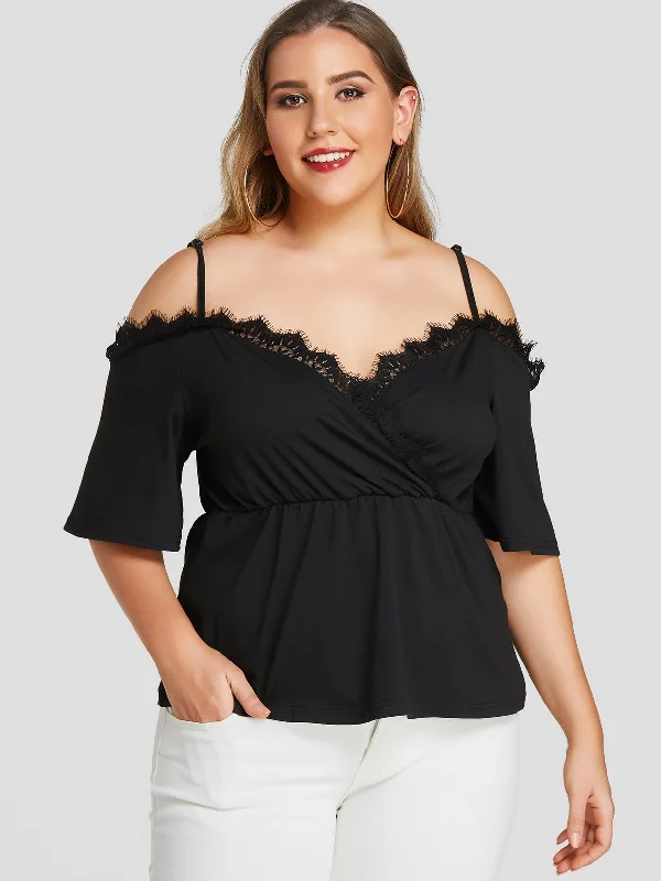 OEM ODM Cold Shoulder Wrap Short Sleeve Black Plus Size Tops