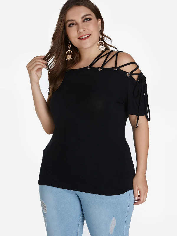 OEM ODM Off The Shoulder Plain Lace-Up Short Sleeve Black Plus Size Tops