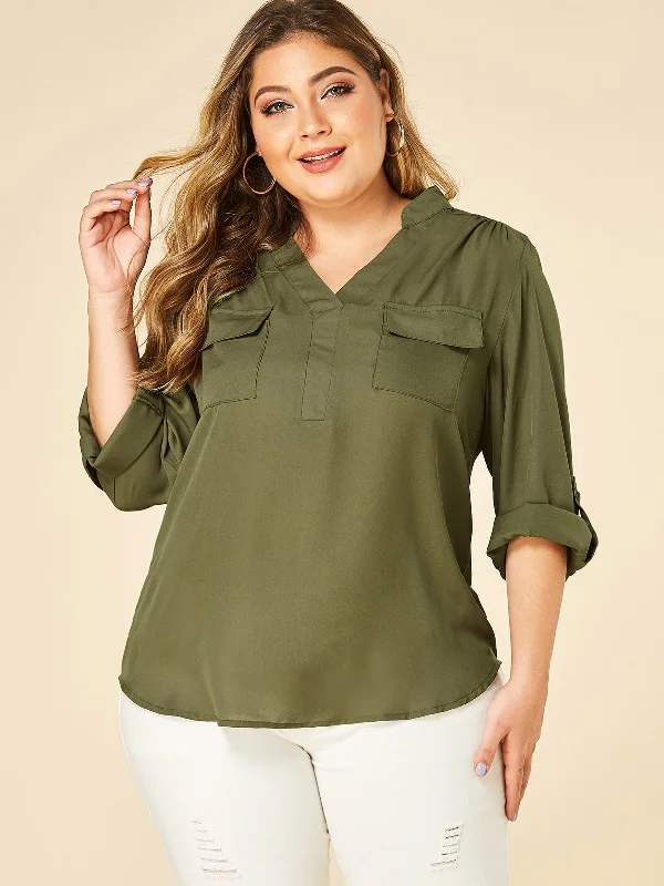 OEM ODM V-Neck Plain Two Large Pockets Long Sleeve High-Low Hem Army Green Plus Size Tops