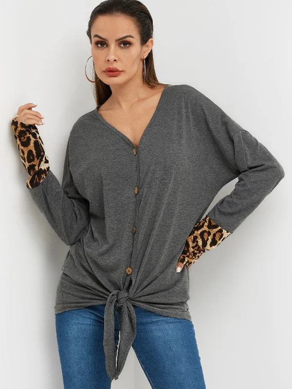 Custom V-Neck Leopard Crossed Front Long Sleeve T-Shirts