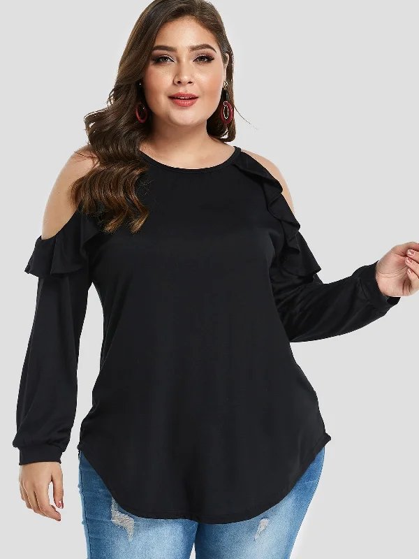 OEM ODM Round Neck Cold Shoulder Plain Ruffle Trim Long Sleeve Curved Hem Plus Size Tops