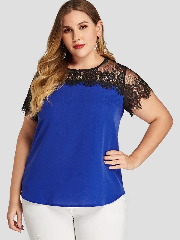 OEM ODM Round Neck Lace Short Sleeve Blue Plus Size Tops