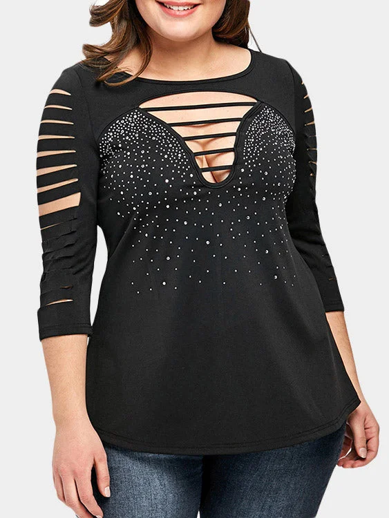 OEM ODM Scoop Neck Hollow Sequins Embellished 3/4 Sleeve Curved Hem Black Plus Size Tops