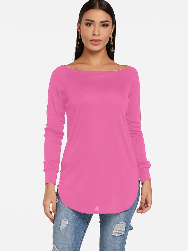 Custom Round Neck One Shoulder Plain Long Sleeve Curved Hem T-Shirts