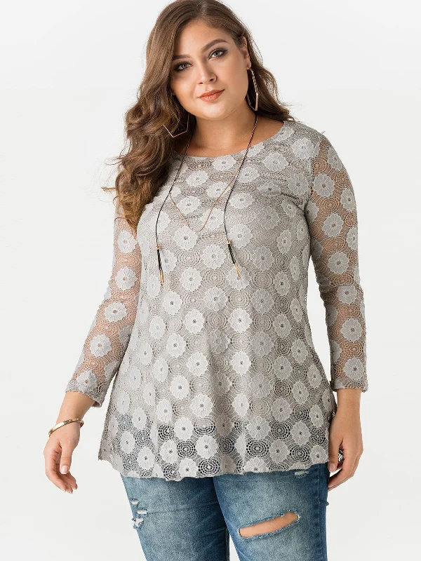 OEM ODM Round Neck Plain Lace Hollow Long Sleeve Grey Plus Size Tops