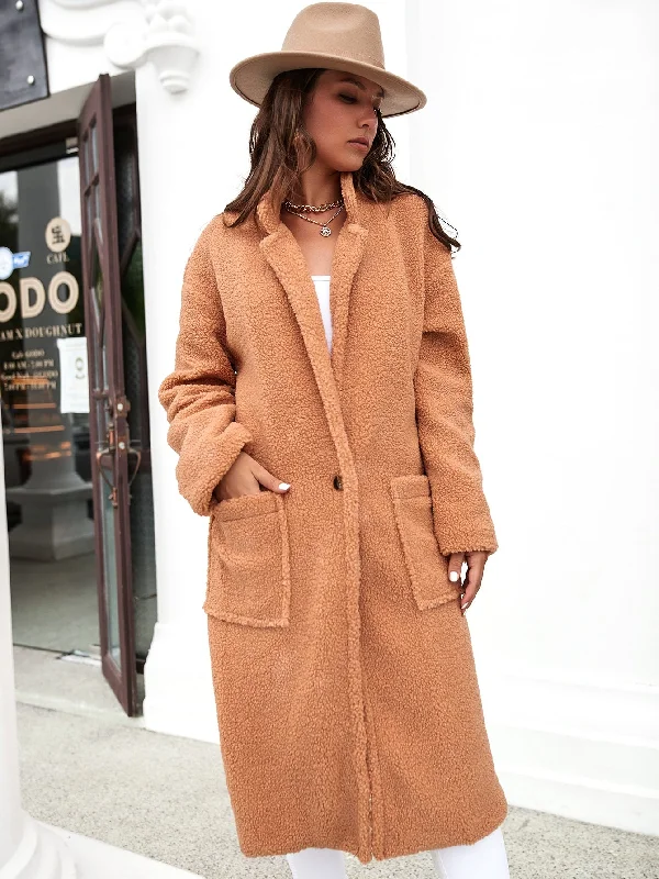 Casual Plain Button Long Sleeve Lapel Long Women Coat