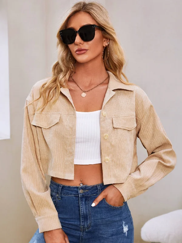 Casual Plain Button Front Long Sleeve Collar Crop Women Jacket