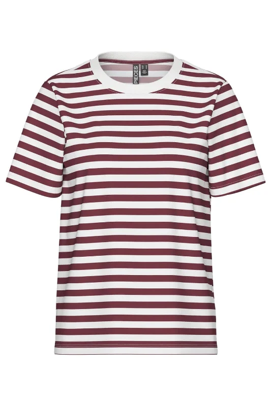 Pieces - Pcria Ss Tee Stripes - 4856960 Tawny Port Bright White