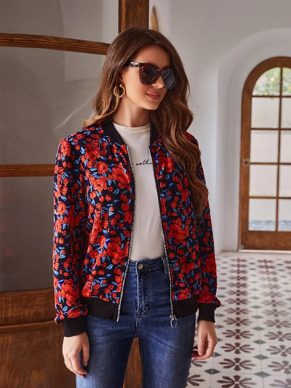 Casual Floral Zipper Long Sleeve Baseball Collar Regular Women Jacket