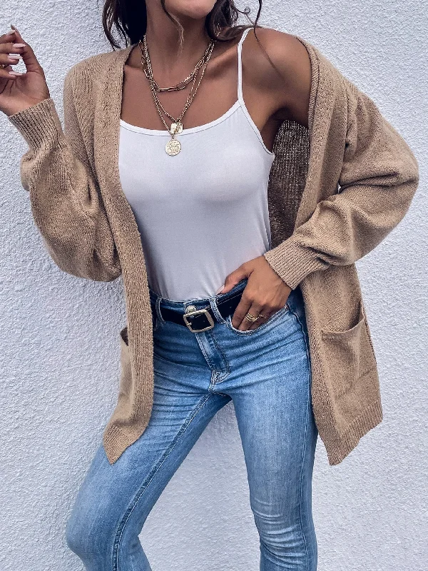 Casual Plain Pocket Long Sleeve Short Women Cardigan