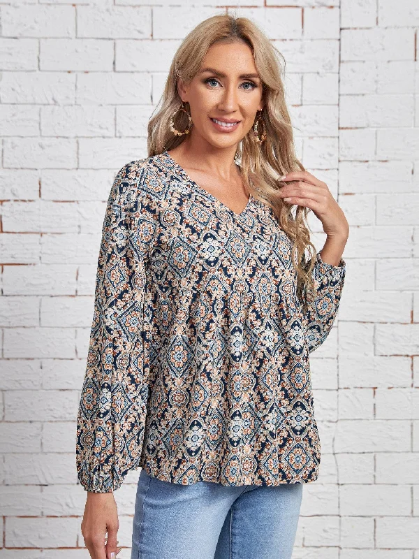 Boho All Over Print Long Sleeve V Neck Regular Blouse