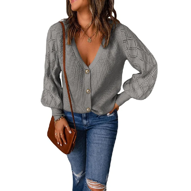 Fashion Loose Solid Color V Neck Bubble Sleeve Single-Breasted Knit Cardigan Wholesale Sweater