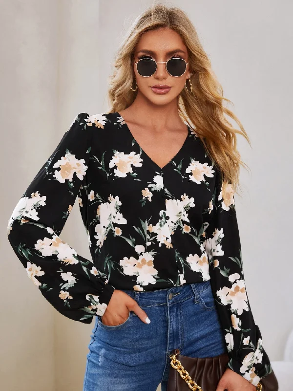 Elegant Floral Long Sleeve V Neck Asymmetrical Regular Blouse