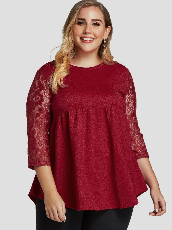 OEM ODM Round Neck Plain Lace Long Sleeve Flounced Hem Red Plus Size Tops