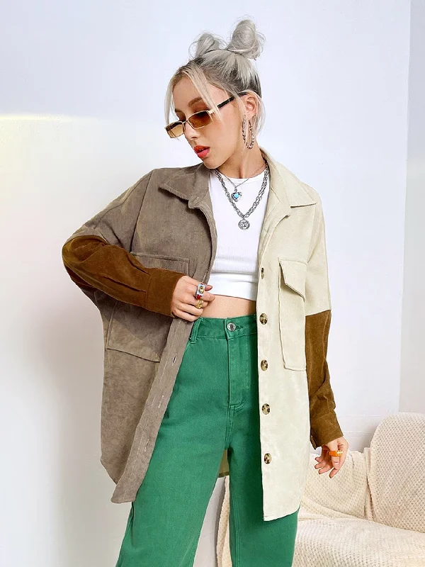 Casual Colorblock Button Front Long Sleeve Collar Short Women Coat