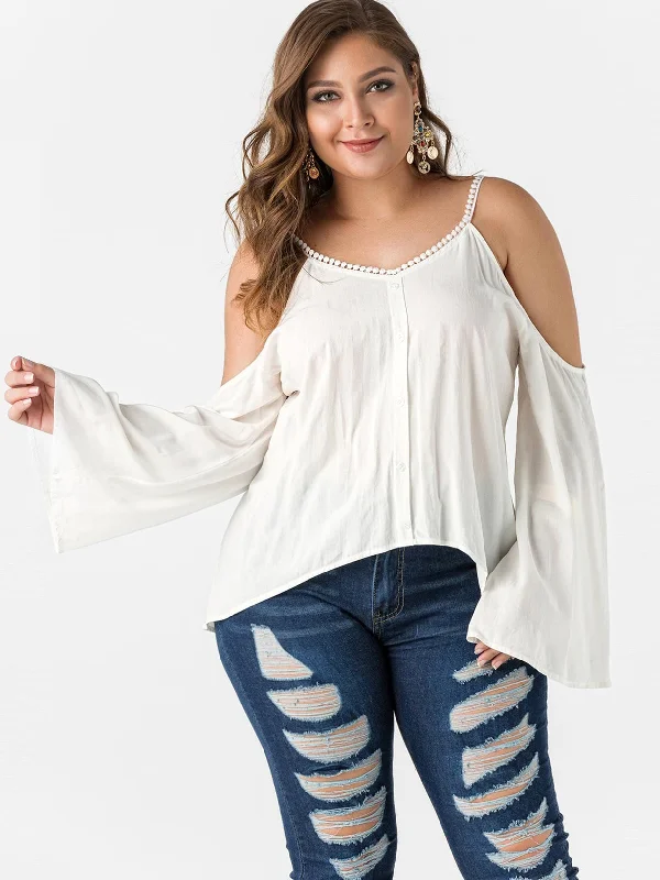 OEM ODM V-Neck Cold Shoulder Plain Crochet Lace Embellished Long Sleeve White Plus Size Tops