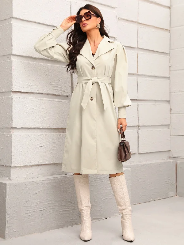 Elegant Plain Belted Long Sleeve Midi Women Trench Coat