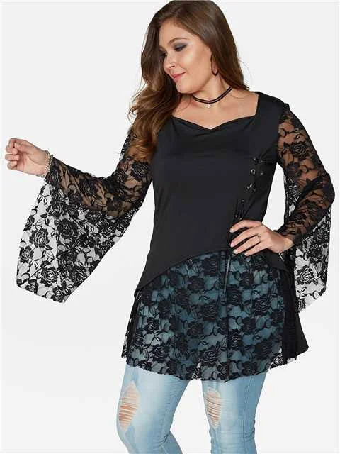 OEM ODM V-Neck Plain Lace Lace-Up Long Sleeve Flounced Hem Black Plus Size Tops