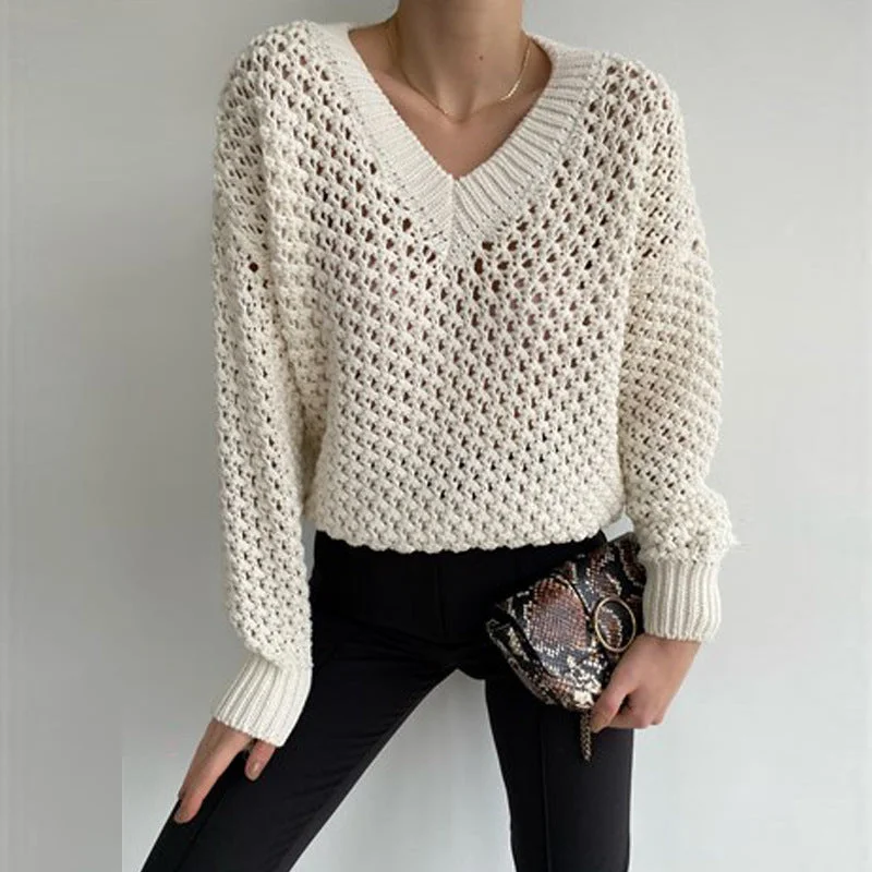 V-neck hollow out women's sweater loose comfortable long sleeve knitwear solid color women's top sweater wholesale