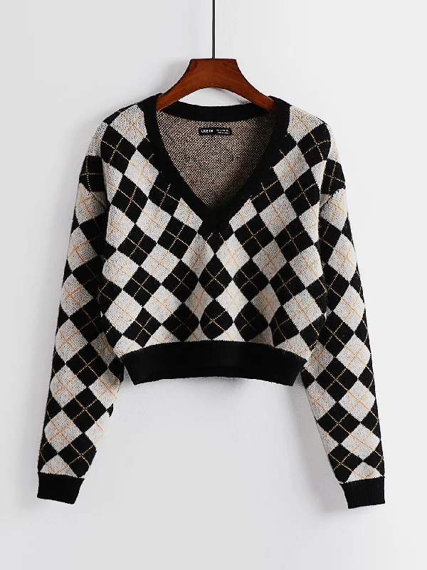 Casual Geometric Long Sleeve V Neck Crop Women Sweater