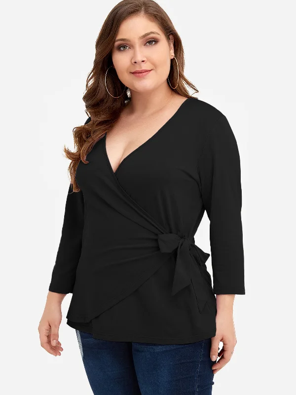 OEM ODM V-Neck Plain Self-Tie Wrap Long Sleeve Black Plus Size Tops