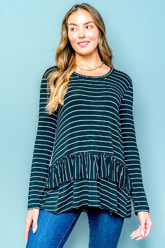 Striped Long Sleeve Crewneck T-Shirt with Contrast Peplum Ruffle in Black & White (D-72146)