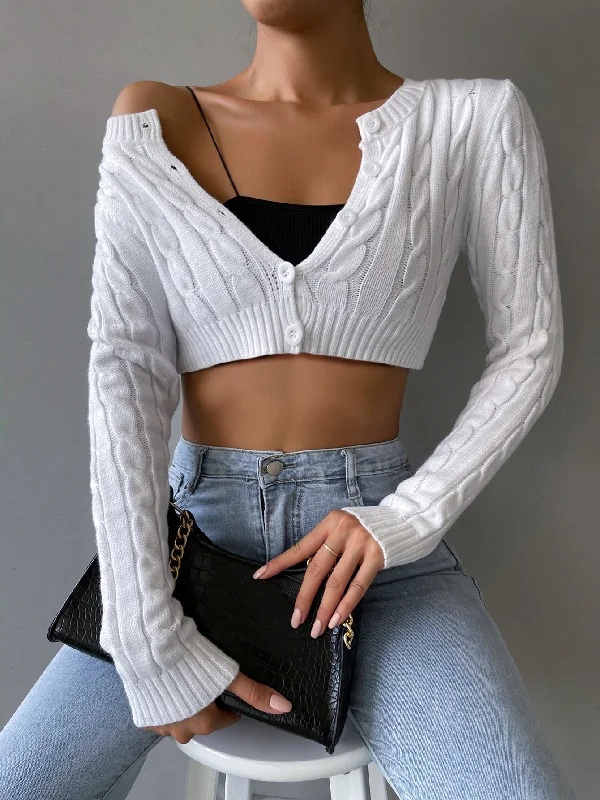 Casual Plain Button Front Long Sleeve Round Neck Crop Women Cardigan