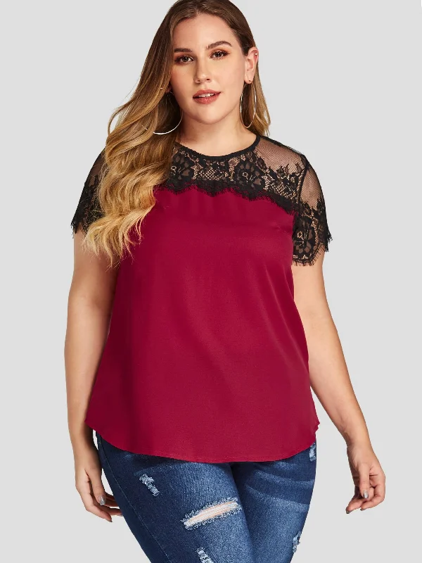 OEM ODM Round Neck Lace Short Sleeve Red Plus Size Tops