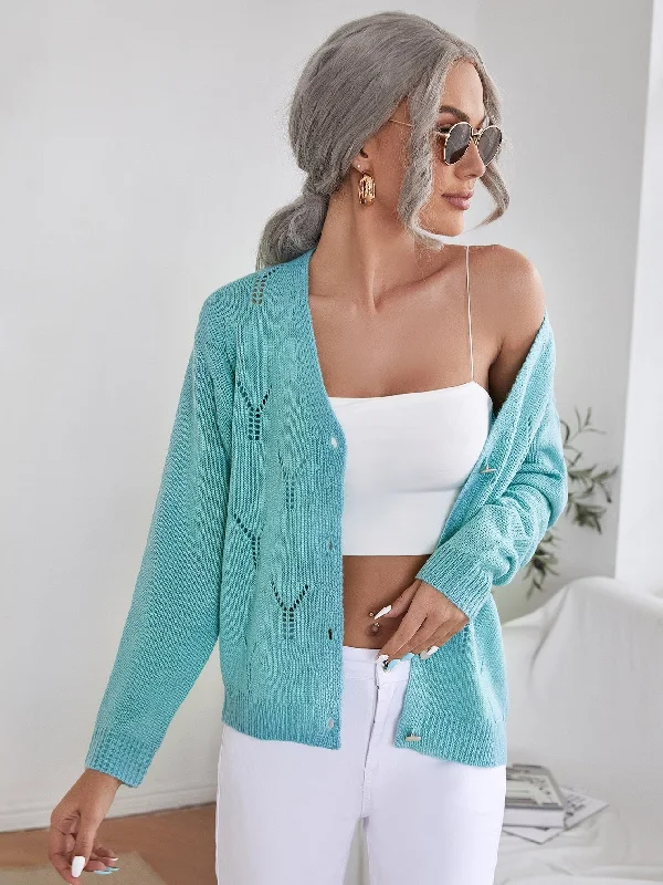 Casual Plain Button Long Sleeve Deep V Neck Regular Women Cardigan