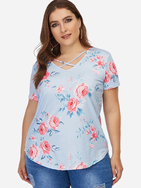 OEM ODM V-Neck Floral Print Short Sleeve Curved Hem Sky Blue Plus Size Tops