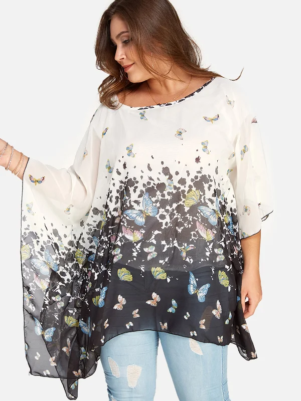 OEM ODM Round Neck Printed Long Sleeve Irregular Hem White Plus Size Tops