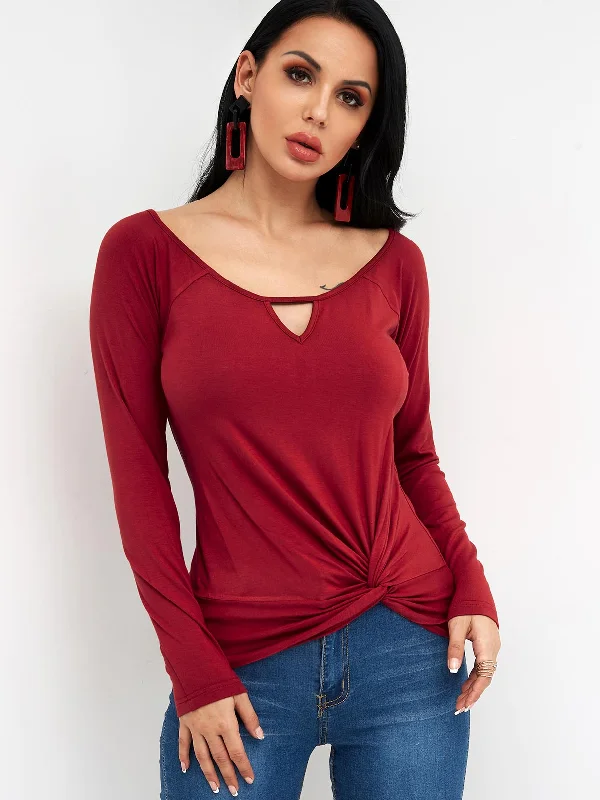 Custom Scoop Neck Plain Long Sleeve Burgundy T-Shirts