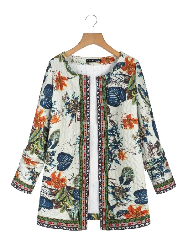 Casual All Over Print Long Sleeve Round Neck Short Women Coat