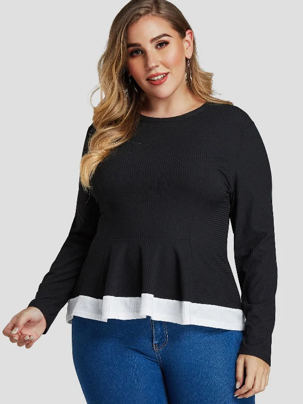 OEM ODM Round Neck Plain Pleated Long Sleeve Flounced Hem Black Plus Size Tops