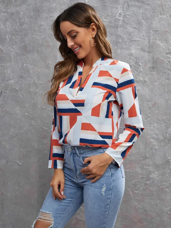 Casual Geometric Asymmetrical Long Sleeve Notched Regular Blouse