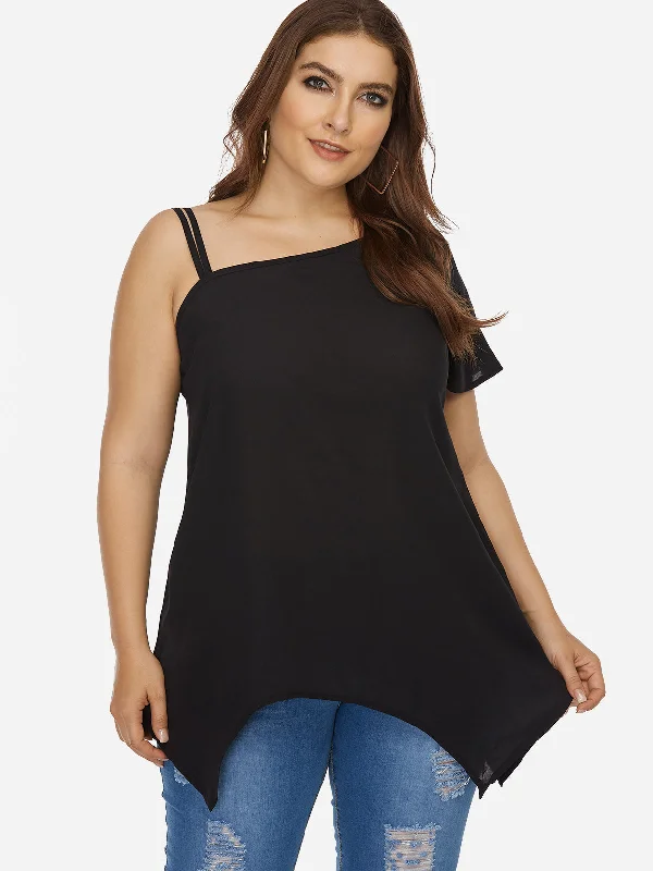 OEM ODM One Shoulder Plain Short Sleeve Black Plus Size Tops